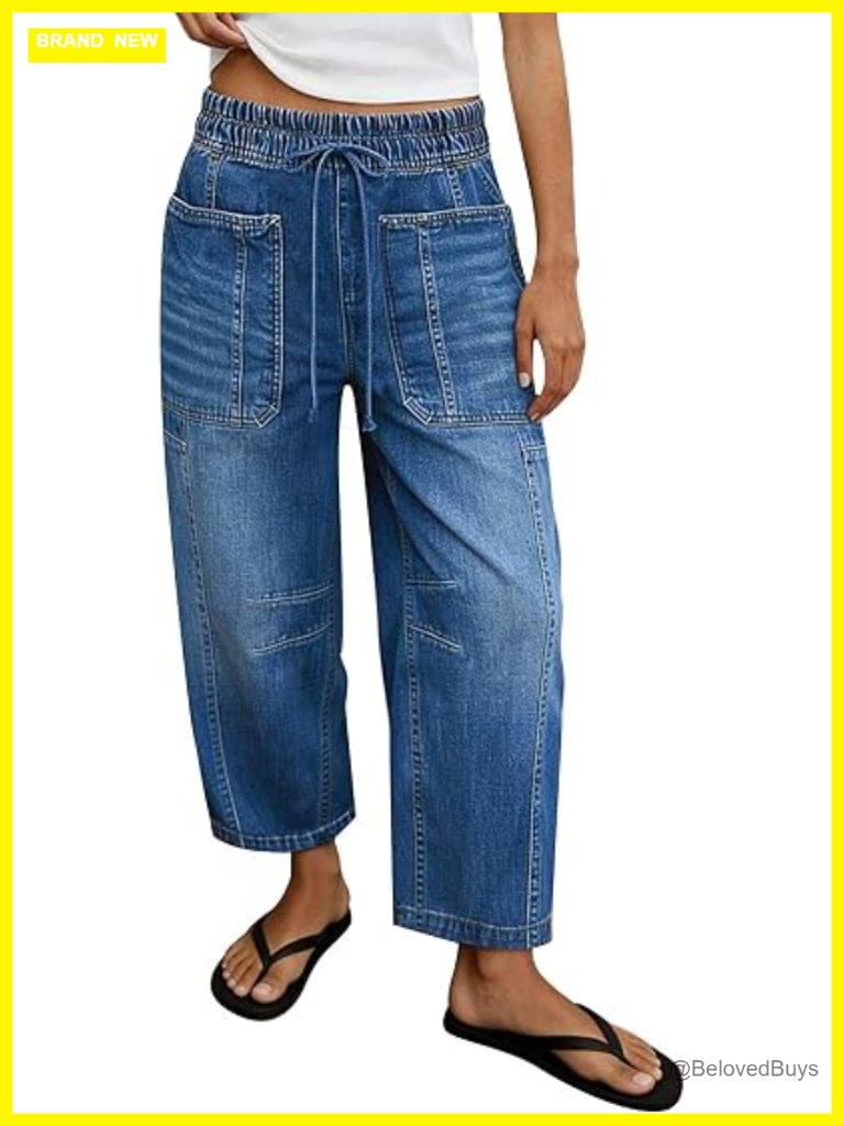High Waist Barrel Leg Jeans Drawstring Patch Pocket High Stretch Denim Pants